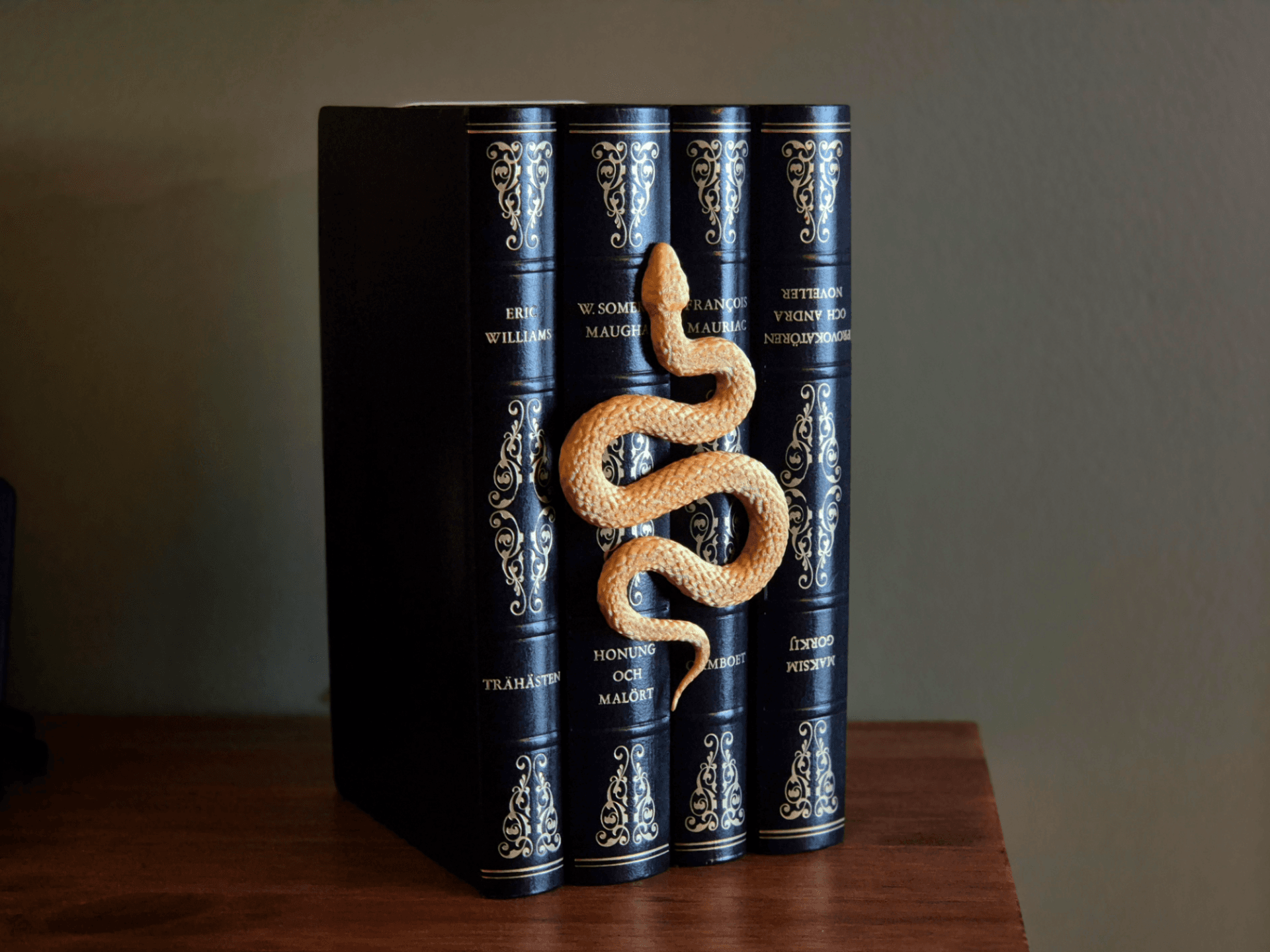 Snake Bookshelf Insert Decor — 3D printed model photographed in studio